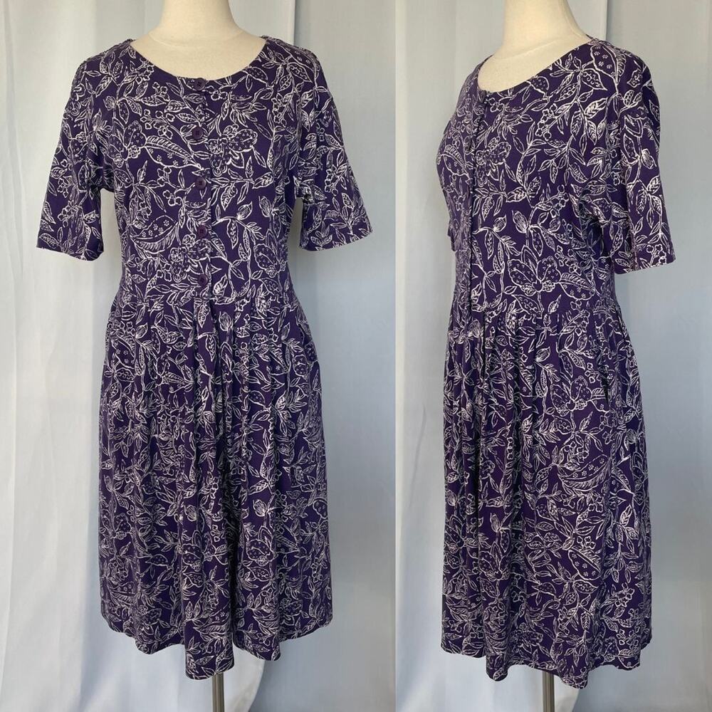 Vintage Midi Dress Size Medium Petite Purple White Floral A Line Button Cottage